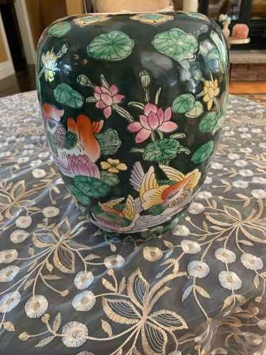 Chinese Famille Rose Jar with Mandarin Ducks on Black Ground