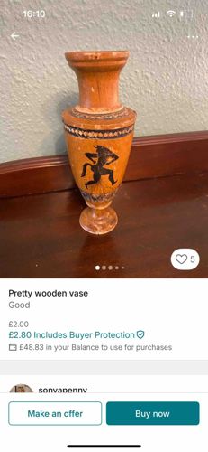 Decorative Wooden Vase with Black-Figure Style Painting