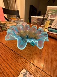 Iridescent Blue Glass Ruffled Bowl