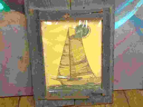 Vintage Mid-Century Nautical String Art in Rustic Barn Wood Frame