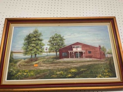 Framed Hand-Painted Landscape Oil Painting of Red Brick Building by Water