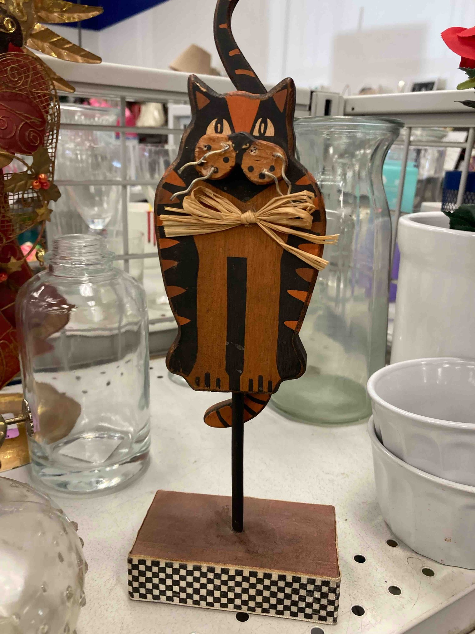 Folk Art Painted Wooden Cat Figurine on Stand