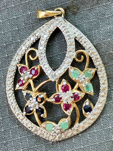 Multi-Gemstone Floral and Scroll Sterling Silver Gold-Tone Pendant