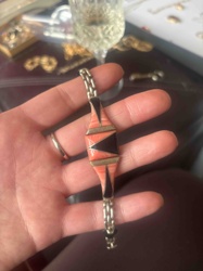 Southwestern Coral and Onyx Inlay Silver Bracelet
