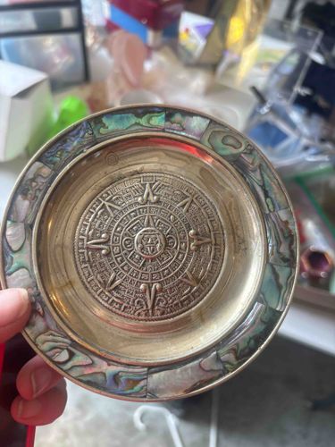 Aztec Sun Stone Design Metal Plate with Abalone Inlay