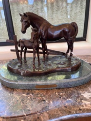 Bronze Sculpture of Mare and Foal on Marble Base