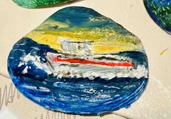Hand-Painted Clam Shell with Ship Motif