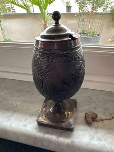 Carved Gourd Container with Metal Fittings