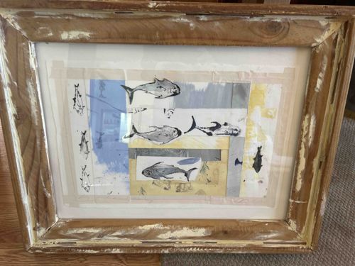 Framed Mixed Media Art with Fish Motif