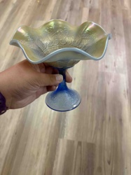 Iridescent Blue Carnival Glass Ruffled Compote with Floral Pattern