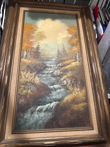 Framed Autumn River Landscape Oil Painting
