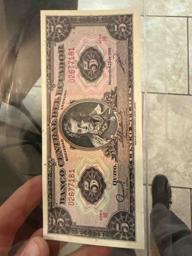 Ecuador 5 Sucres Banknote, Series 1B, 1988