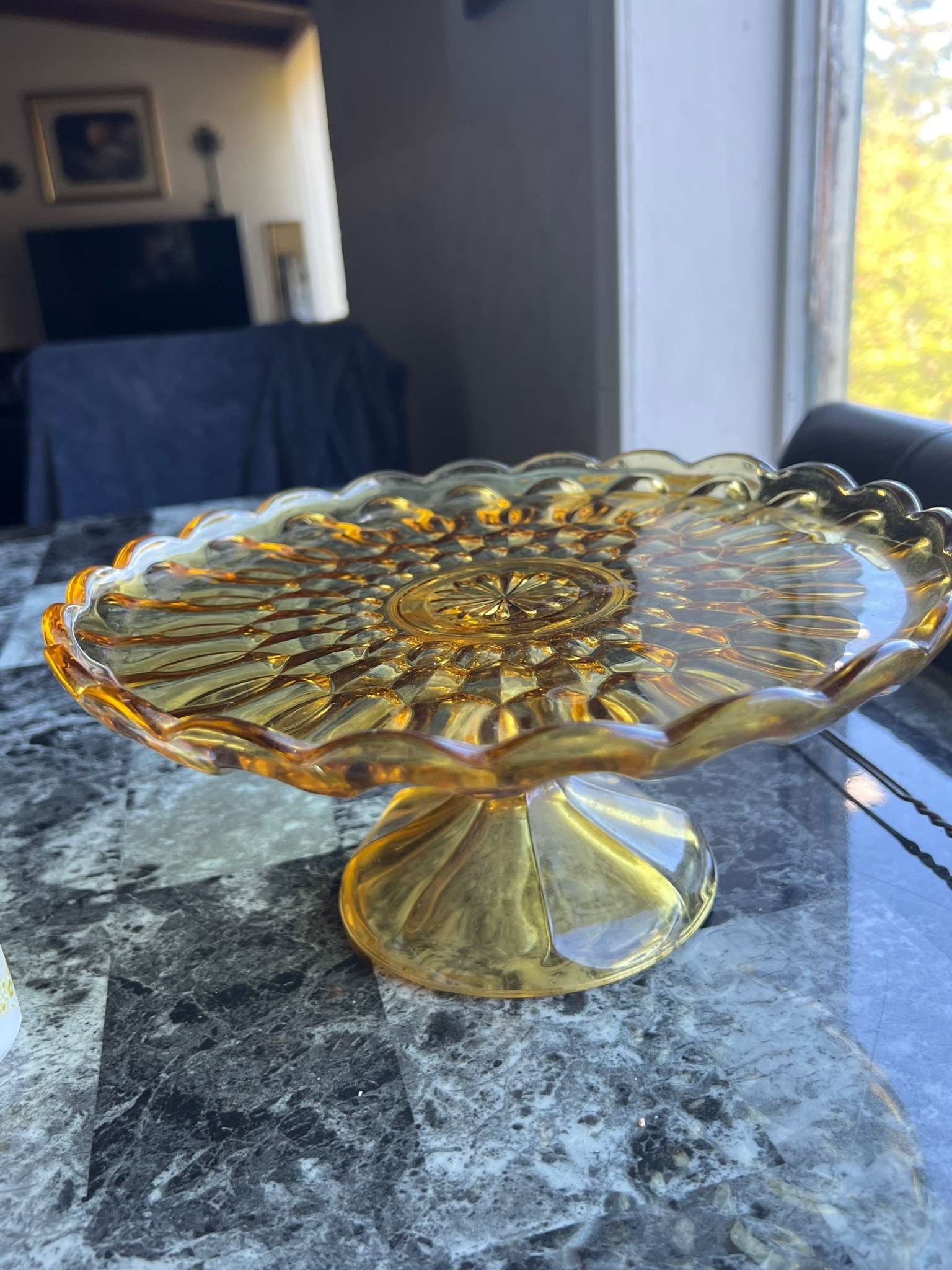Submitted photo of Amber pressed glass pedestal cake stand
