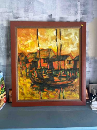 Mid-Century Modern Signed Oil Painting of Waterside Village