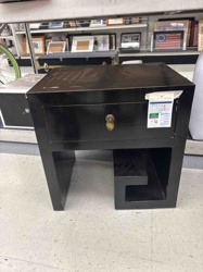 Modern Black Lacquer Side Table with Drawer and Geometric Shelf