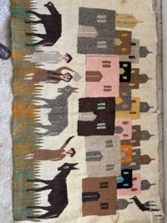Folk Art Wool Tapestry with Village Scene and Figures