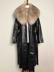 Vintage Montgomery Ward Black Leather Trench Coat with Fox Fur Collar