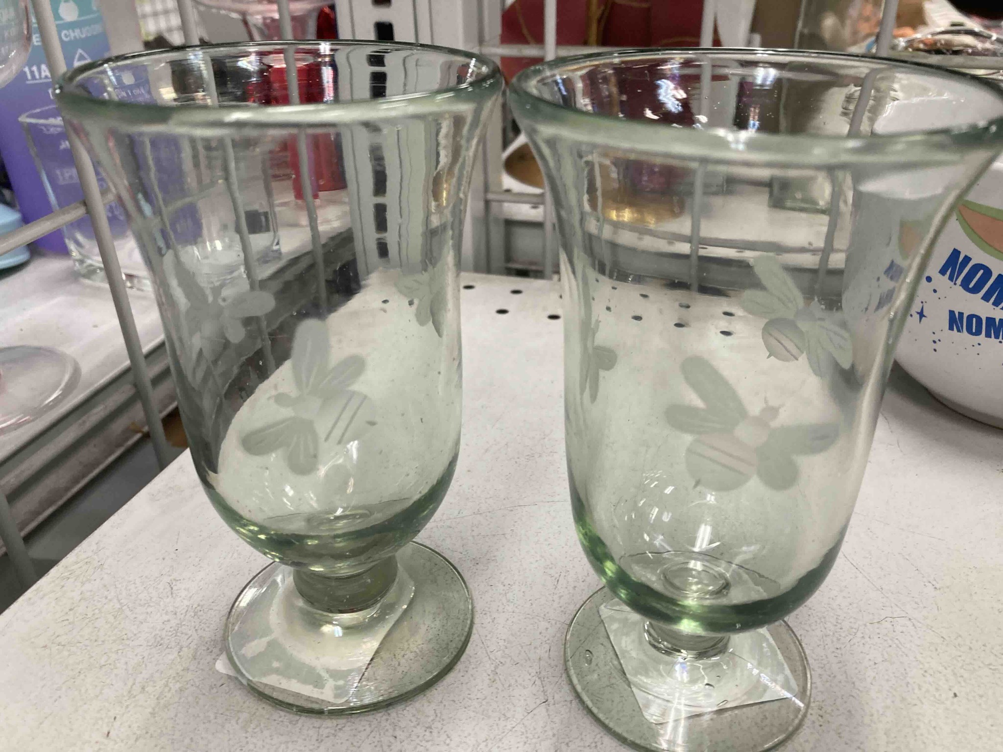 Etched Bee Glass Hurricane Vases or Footed Tumblers