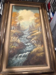 Framed Autumn River Landscape Oil Painting