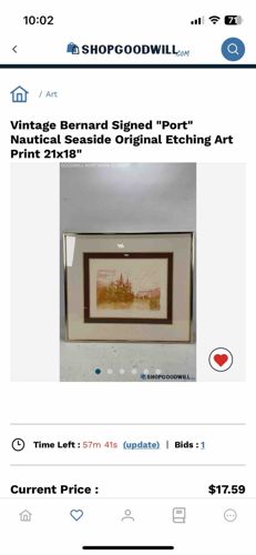 Vintage Bernard Signed "Port" Nautical Seaside Original Etching Art Print 21x18"