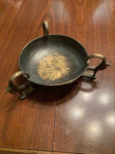 Bronze or Brass Basin with Ram's Head Handles and Etched Interior