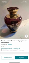 Murano Amethyst Glass Vase with Gold Decoration