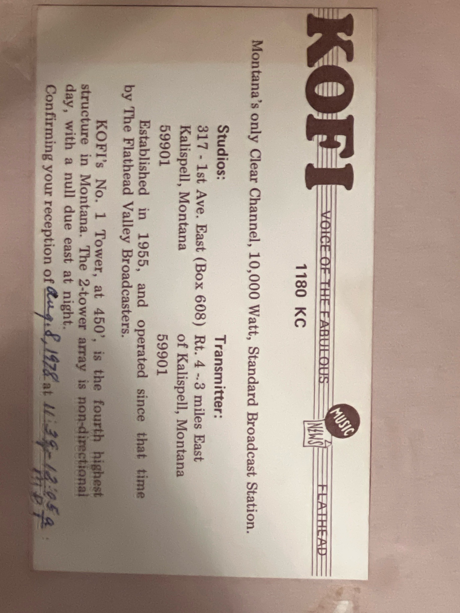 Submitted photo of Vintage Radio Station QSL Card for KOFI (not authenticated)