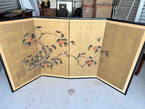 Japanese Four-Panel Gilt Screen (Byōbu) with Persimmon Tree and Birds Motif