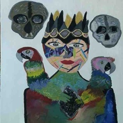 Abstract Tribal Figure with Parrots and Skulls Painting